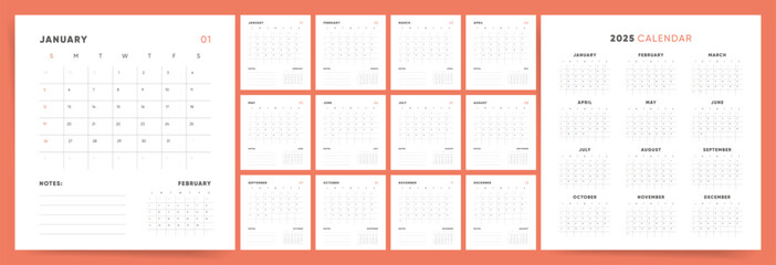 Calendar 2025. Week starts Sunday. Minimal modern design monthly template calendar 2025 vector.	