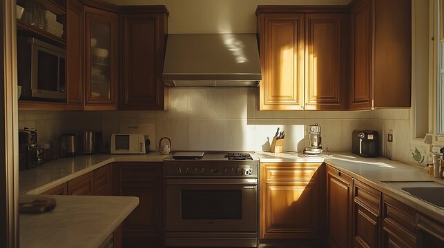 A gourmet kitchen with stainless steel appliances and marble counters beside a modest, outdated kitchen with simple wooden cabinets and a small stove, warm lighting casting gentle shadows. --ar 16:9