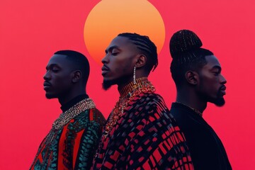 Three black musicians wearing traditional clothes posing in studio