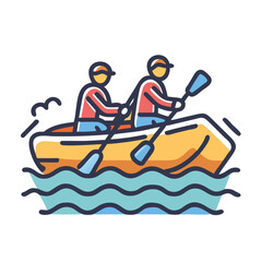 Two people rafting in inflatable boat, Vector illustration of two people paddling in an inflatable raft on wavy water, symbolizing outdoor adventure, rafting, and water sports.
