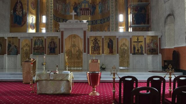 View Of Catedrala Episcopala &Icirc;nvierea Domnului Interior In Oradea, Romania. Panning Left Shot