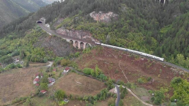 Aerial: Talgo train in Ovcari in Bosnia and Hercegovina