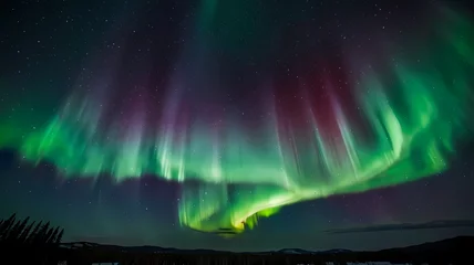 Fotobehang Aurora australis or Aurora borealis or Green northern lights sky above mountains. Night sky with polar lights. Night winter landscape with southern lights aurora against Real Natural black background. © elyrof