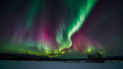 Aurora australis or Aurora borealis or Green northern lights sky above mountains. Night sky with polar lights. Night winter landscape with southern lights aurora against Real Natural black background.