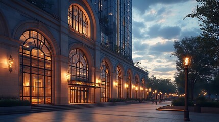 Fototapeta premium A historic train station with arched windows and ironwork alongside a contemporary high-rise, blending the romance of old architecture with the sleekness of new design, warm light from street lamps.