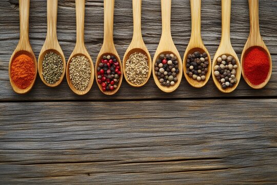 A row of wooden spoons filled with various spices, including paprika, cumin, sesame seeds, pink peppercorns, white peppercorns, black peppercorns, and red pepper flakes, arranged on a wooden table. - Powered by Adobe