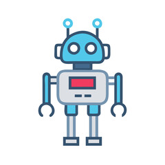Cute robot icon with antennas and claws, Vector illustration of a friendly robot featuring antennas, round eyes, and claw hands, symbolizing technology, AI, and futuristic design.
