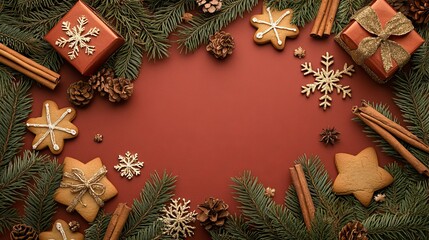 Christmas Holiday Background with Pine Branches, Gingerbread Cookies, and Golden Decorations