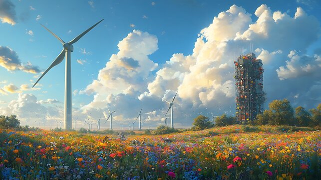 A large, metallic wind turbine field beside a meadow filled with colorful wildflowers and wildlife, the contrast of sleek machinery and organic life, clouds rolling across a bright sky. --ar 16:9