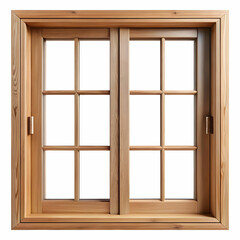 Fototapeta premium A wooden window design without glass showcases natural wood grain, framed against a crisp white background.