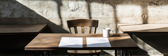 A wooden chair beside a table with two papers and a coffee mug in a sunlit space.