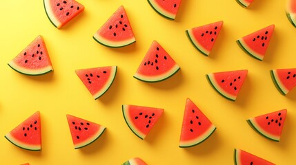 Vibrant 3D Watermelon Slices Floating on a Sunny Yellow Background Symbolizing Refreshing Tropical Vibes