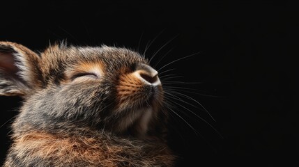 A close-up of a serene rabbit with eyes closed against a dark background.
