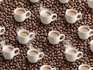 Obraz premium Repeating Pattern of Mini 3D Coffee Cups with Steam Floating on Textured Coffee Bean Background