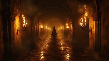 A medieval castle hallway, one side lit by torches casting flickering light, the other side swallowed by darkness, sharp contrast of warmth and cold shadows, creating a haunting mood. --ar 16:9
