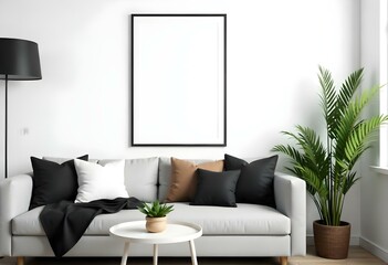 A modern living room with a gray sofa, black and brown throw pillows, a white coffee table, and a potted plant.