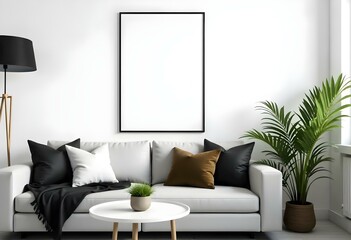A modern living room with a gray sofa, black and brown throw pillows, a white coffee table, and a potted plant.