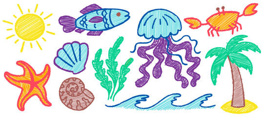 Crayon kids summer drawings. Pastel sea vector illustrations. Chalk and colored pencil hand drawn set with fish crab ocean waves on white background. Set of vacation and travel sketches