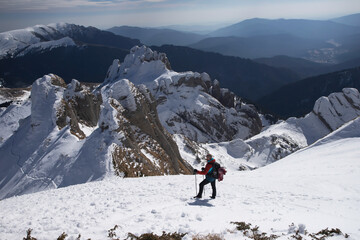 A lone hiker gazing at a majestic, snow-covered mountain peak