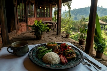 A scenic dining setup featuring a colorful meal and a view of nature.