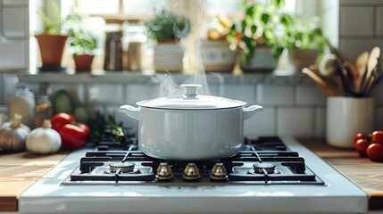 A white ceramic pot sits on a modern gas stove in a bright kitchen, surrounded by fresh vegetables, herbs