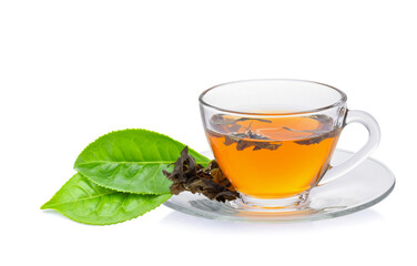 Glass cup of green tea isolated on white background