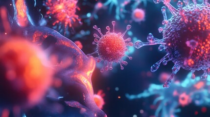 3D model of blood cells and viruses, illustrating immune system response and cellular activity.