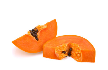 cut ripe papaya with seeds on white background