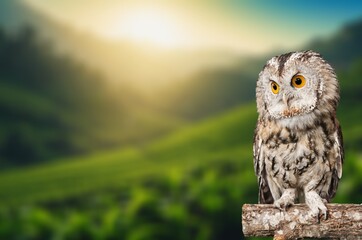 Barn owl, sitting on  green moss in forest