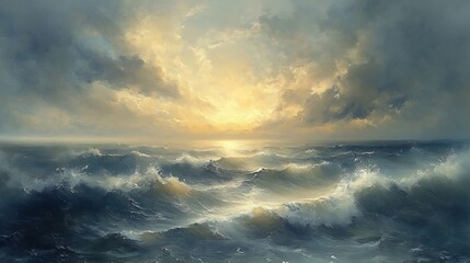 Obraz premium A peaceful sea under a soft morning sky suddenly interrupted by a storm front, clouds darkening and winds whipping up waves, subtle lighting enhancing the calm and chaotic sides. --ar 16:9
