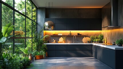 Modern kitchen with dark cabinets and large windows overlooking a lush garden.