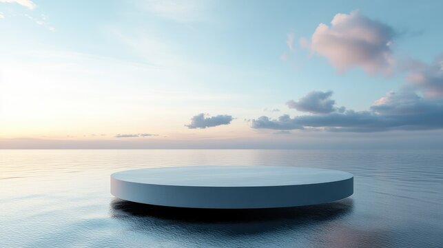 3D rendering of a podium elevated above still ocean waters, with a clear sky and gentle lighting for an ethereal effect.