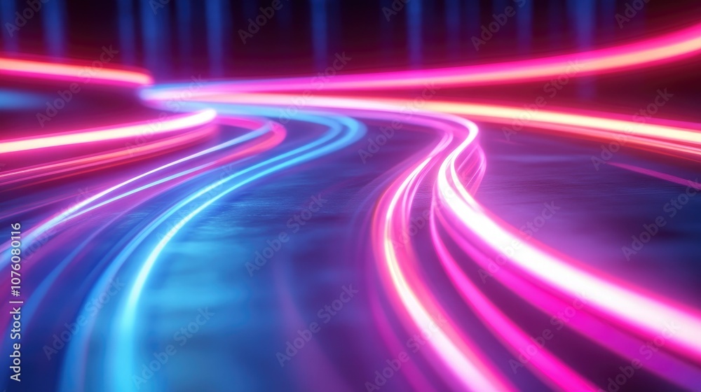 Poster A 3D rendered, abstract design with motion-filled neon ribbons and soft blurry lines, creating an illusion of movement and high-energy light paths.
