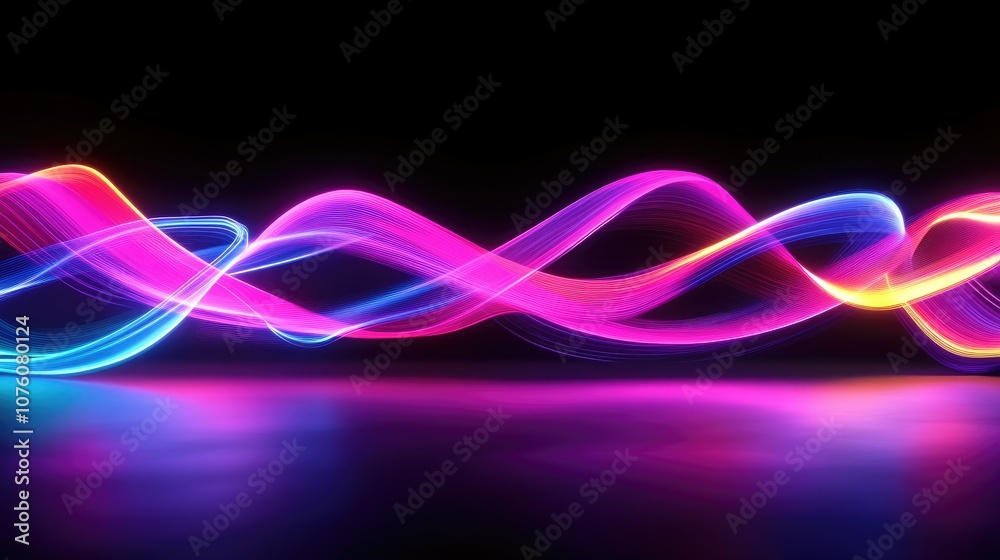 Poster A 3D rendered, abstract design with motion-filled neon ribbons and soft blurry lines, creating an illusion of movement and high-energy light paths.