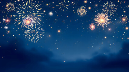 New year celebration fireworks on dark blue background, New year 2025 eve party.