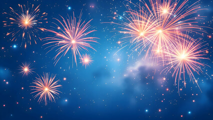 Naklejka premium New year celebration fireworks on dark blue background, New year 2025 eve party.