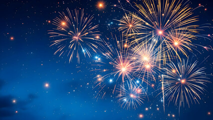 Naklejka premium New year celebration fireworks on dark blue background, New year 2025 eve party.