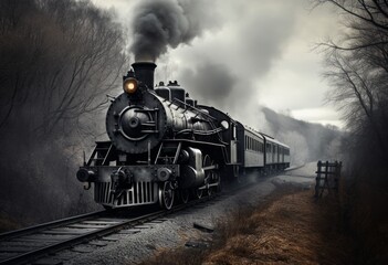 Naklejka premium Monochrome Majesty: The Steam Engine's Path