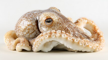 Close-up of a fresh octopus with its large, round eye looking directly at the viewer.