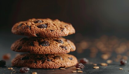 A stack of three oatmeal raisin cookies on a dark background, with scattered raisins and oats in the foreground.