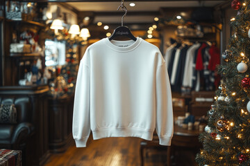 a mockup of a white sweatshirt hanging on a hanger. the background has a christmas vibes