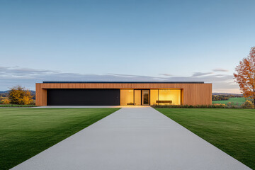 Fototapeta premium Modern house with wooden exterior and large windows set in a scenic landscape at dusk
