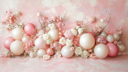 A soft and elegant arrangement of pink and white balloons, adorned with floral accents, placed against a delicate pink background for a fresh, romantic touch.