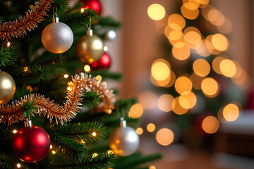 Obraz premium Christmas Tree With Baubles And Blurred Shiny Lights