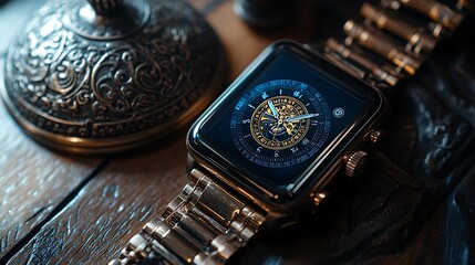 A state-of-the-art smartwatch displayed next to a classic pocket watch with intricate engravings, the glow of the smartwatch screen contrasting with the detailed metalwork of the pocket watch,