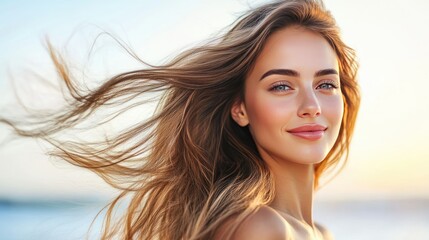 A stunning woman with a perfect, windblown hairstyle, her long hair swaying gently against a natural background.