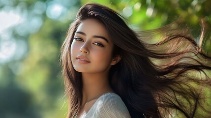 Fototapeta premium A stunning woman with a perfect, windblown hairstyle, her long hair swaying gently against a natural background.