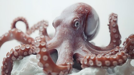 Close-up of an octopus with large, intelligent eyes, resting on a white background.