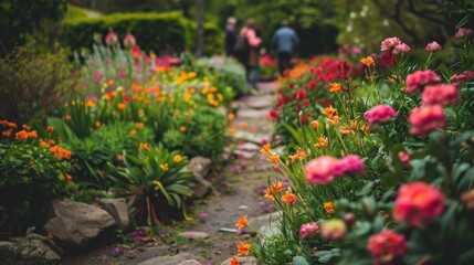 A group of individuals strolls through a lush botanical garden, admiring the colorful flowers and greenery around them