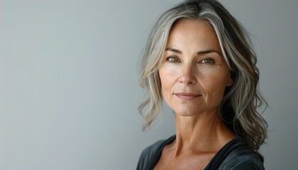 beautiful 50s mid aged mature woman isolated on white background. 